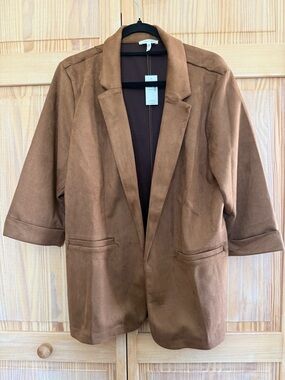NWT Maurices Brown Open-Front Faux Suede Blazer with 3/4 Sleeves
